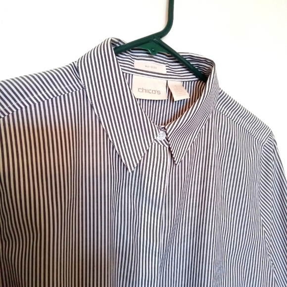 Chico's Striped Cotton Button Up Shirt with Sleeve Detail - Picture 5 of 8